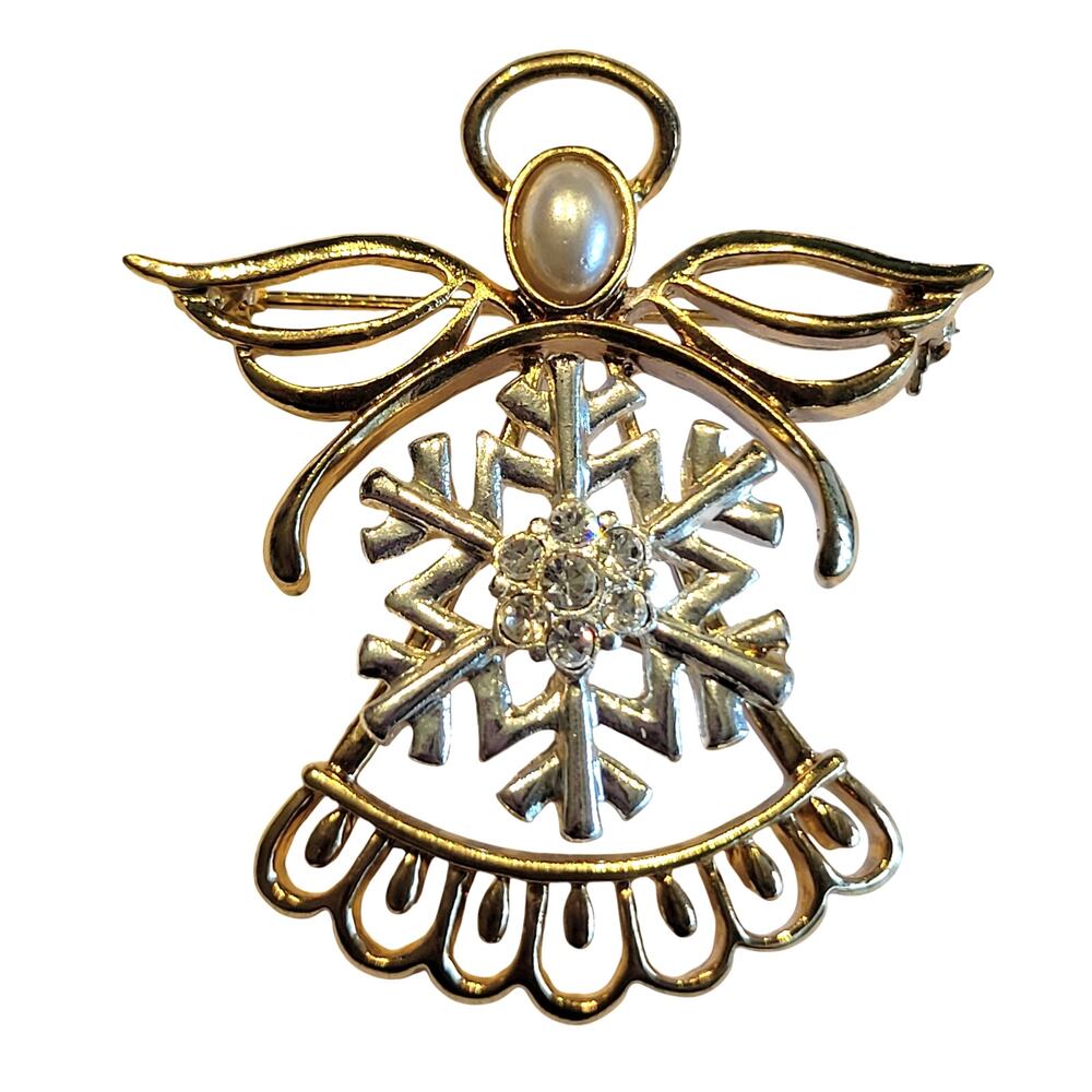 Vintage Angel Snowflake Brooch Gold Tone Rhinestone & Faux Pearl Christmas Pin